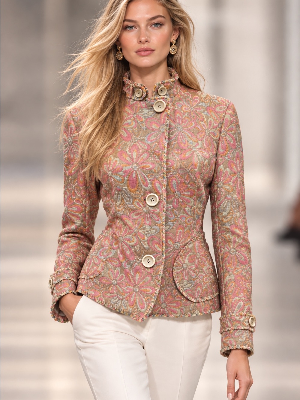 Akris Punto Pink Floral Brocade Blazer with Gold Threading